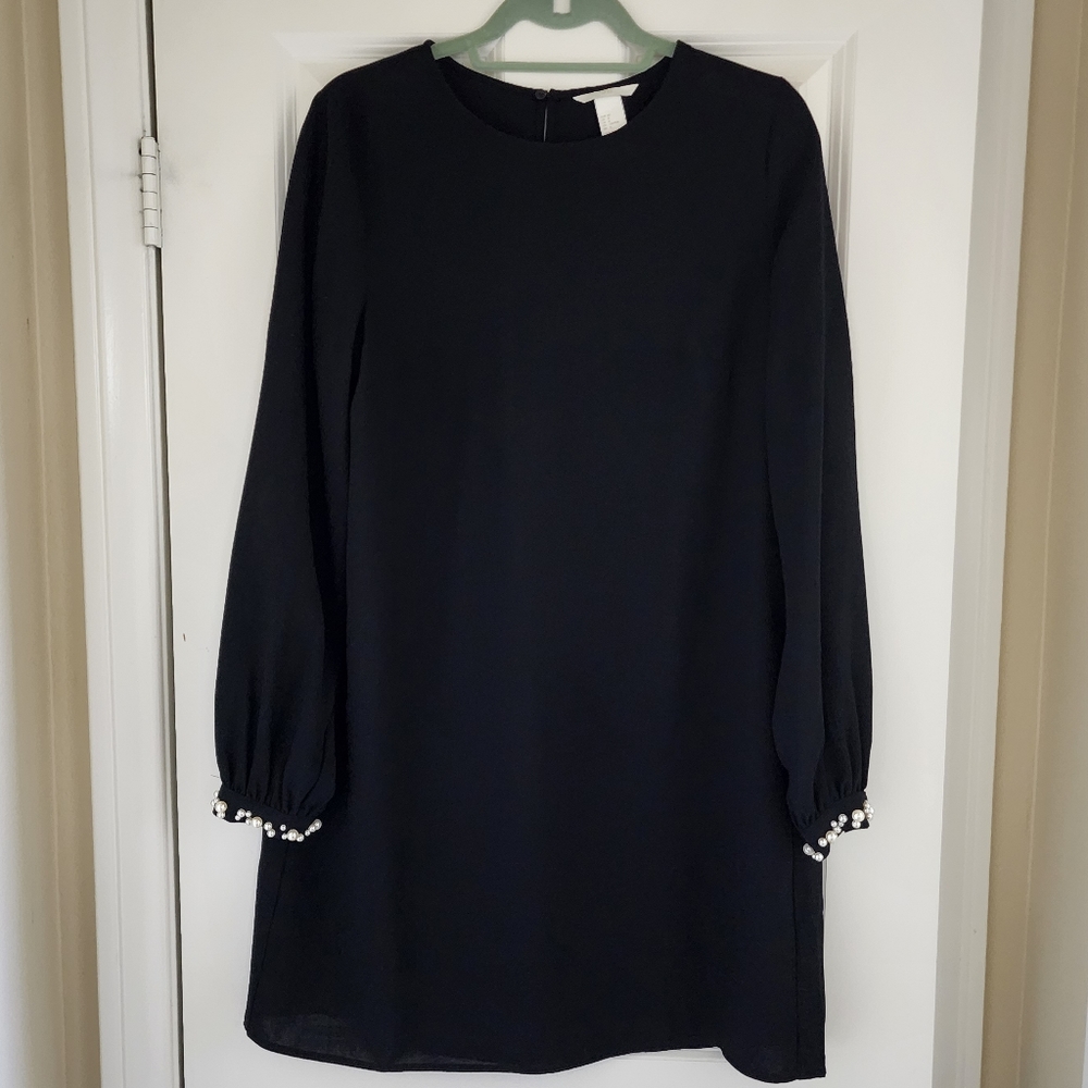 H&M Black Long Sleeve Dress with Pearl Accents Size 8
